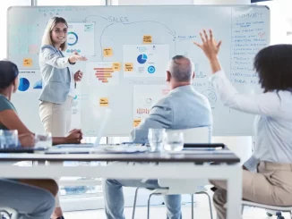 Eine Frau im Business-Outfit steht im Büro vor einem Whiteboard und führt eine Verkaufspräsentation mit potenziellen Kunden durch.