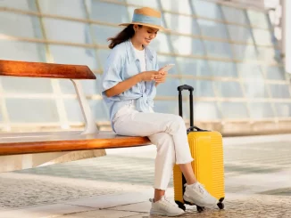 Eine Frau mit Strohhut sitzt auf einer Bank. Neben ihr steht ein Reisekoffer.