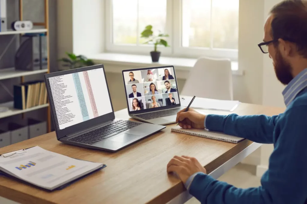 Ein Mann sitzt an einem Schreibtisch mit Laptop und Notebook und nimmt an einer Online-Konferenz mit Mitarbeitern und Kollegen teil.