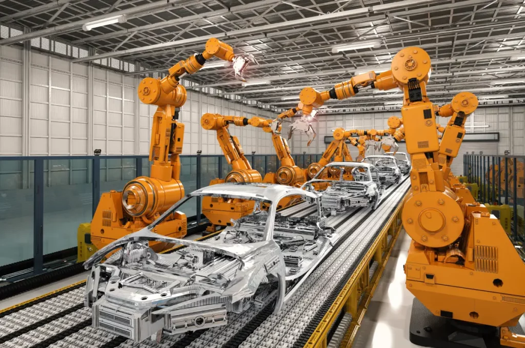 Roboter-Fließband in einer Autofabrik.