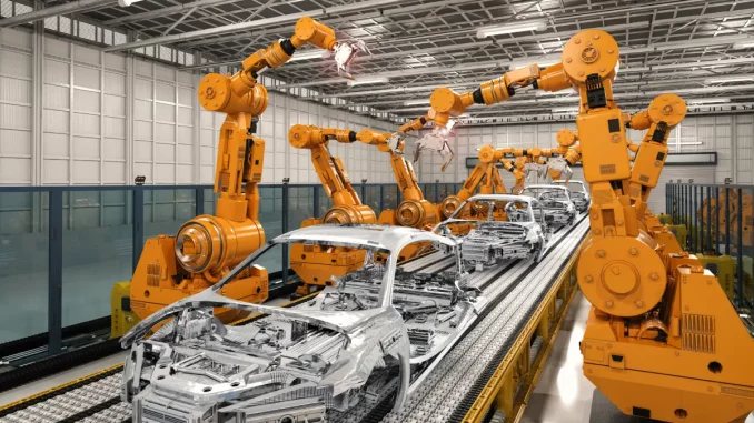 Roboter-Fließband in einer Autofabrik.