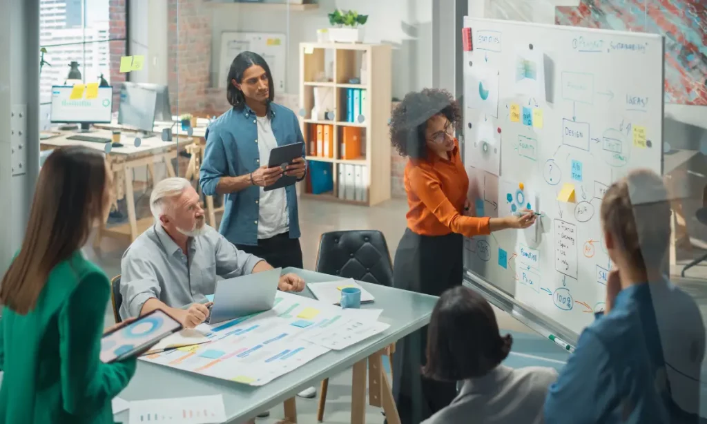 Ein Team aus fünf Personen sammelt an einem Whiteboard im Büro Brainstorming-Ideen.