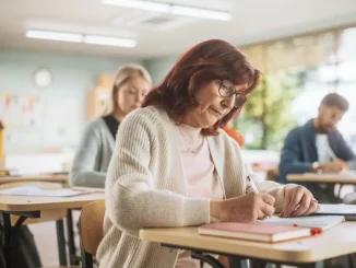 Ältere Frau sitzt in einer Weiterbildung mit anderen Menschen