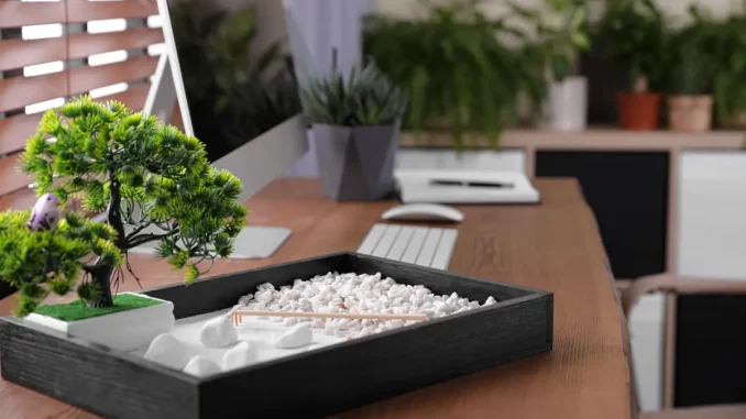 Ein Arbeitsplatz mit Tastatur, Monitor und Pflanzen